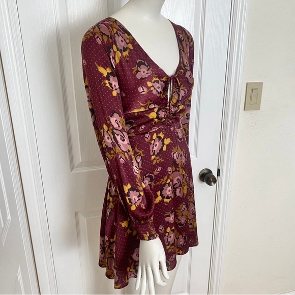 Free People burgundy Morning Light floral fit & flare long sleeve mini dress 10 - Picture 5 of 12